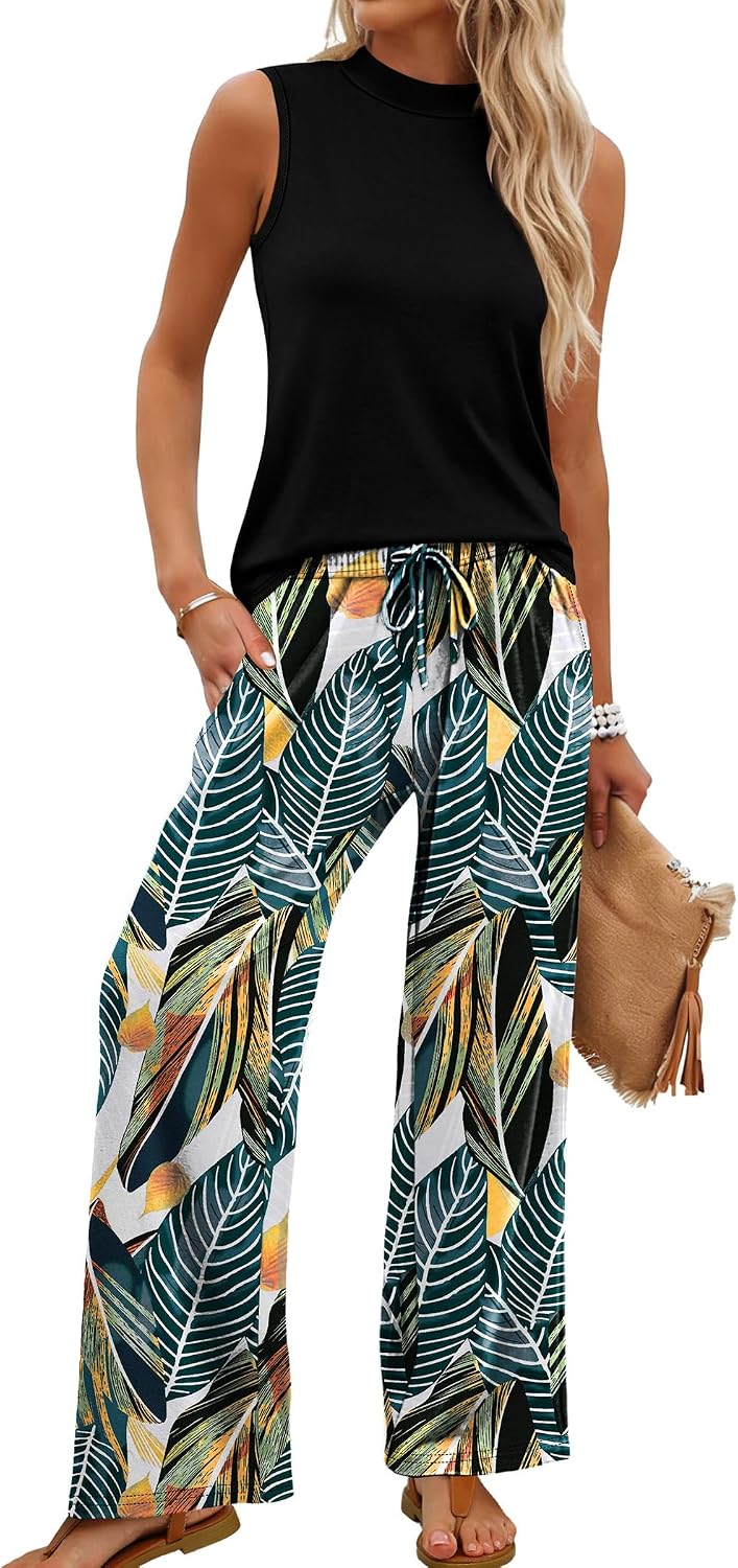 Two Piece Set for Women Summer Spring Outfits Cruise Travel Airport Beach Vacation Mock Neck Wide Leg Pants Set