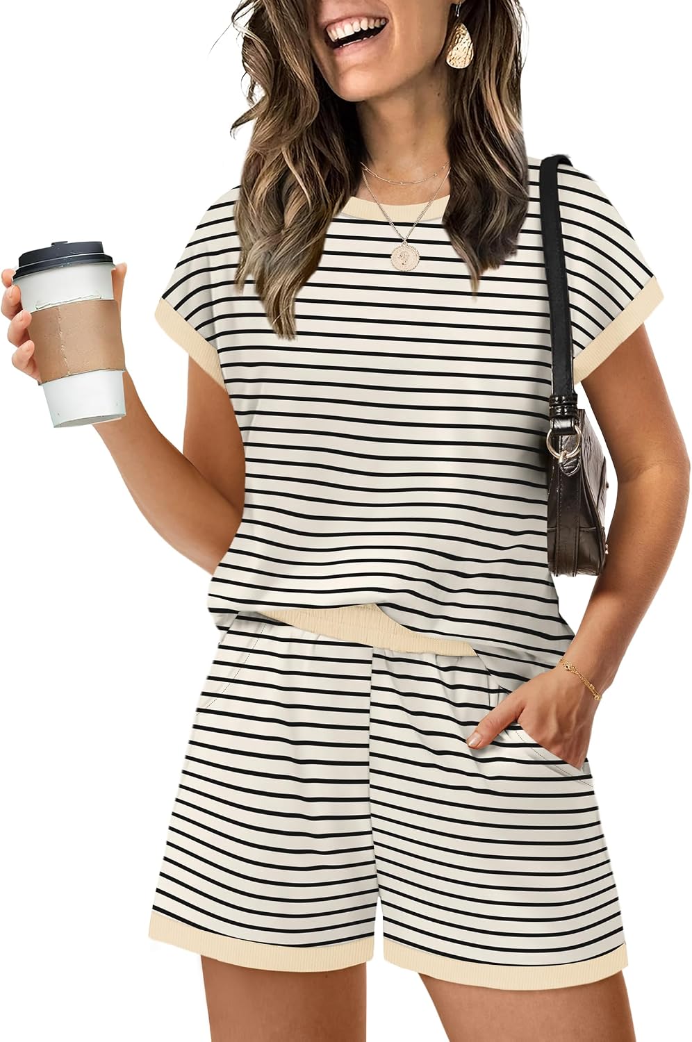 Two Piece Sets for Women Summer Lounge Short Sets Cap Sleeve Crew Neck Sweatsuit with Pocket XS-2XL