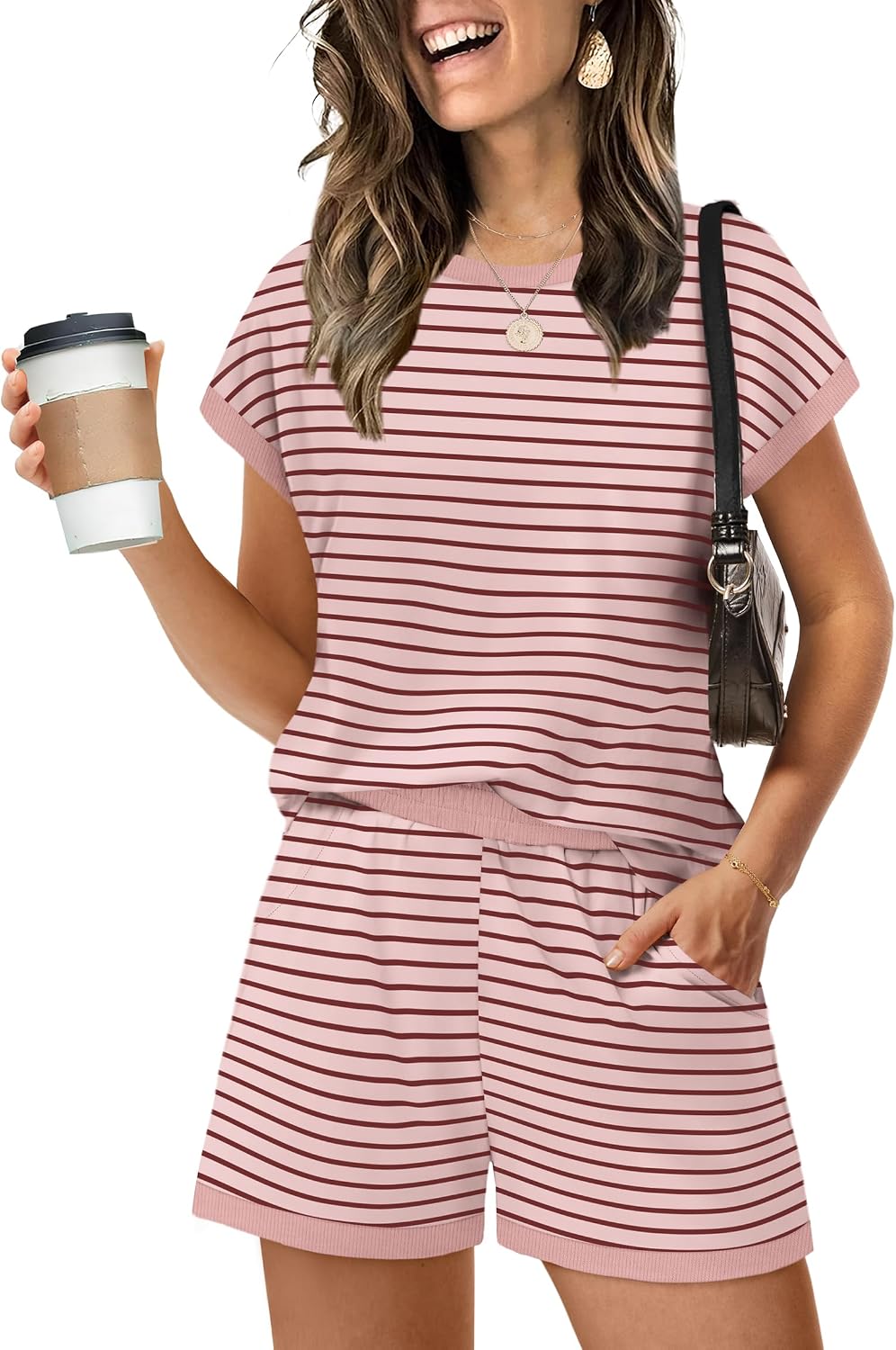 Two Piece Sets for Women Summer Lounge Short Sets Cap Sleeve Crew Neck Sweatsuit with Pocket XS-2XL
