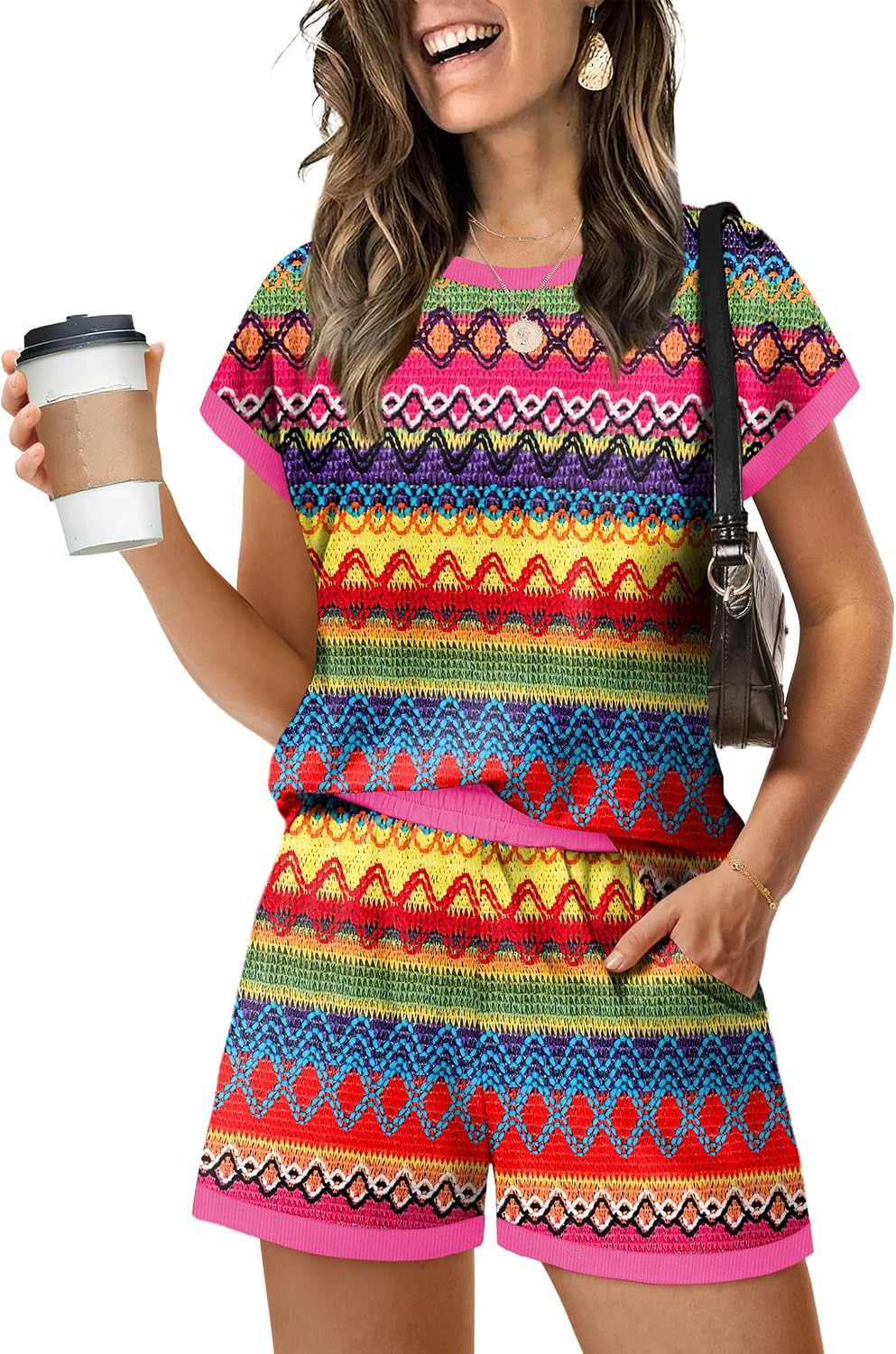 Two Piece Sets for Women Summer Lounge Short Sets Cap Sleeve Crew Neck Sweatsuit with Pocket XS-2XL