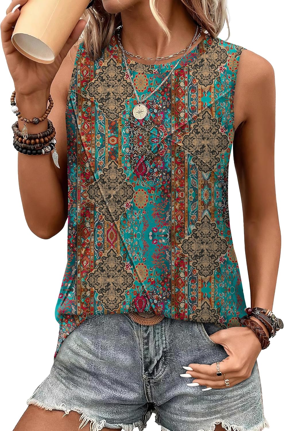 Women's Sleeveless Summer Crewneck Loose Fit Tank Tops