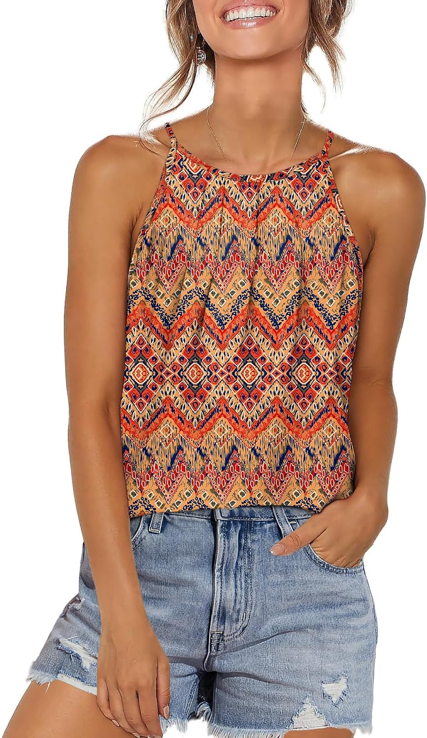 Womens Pleated Tank Tops Spaghetti Strap Camisole Halter Tops Curved Hem Fashion 2026